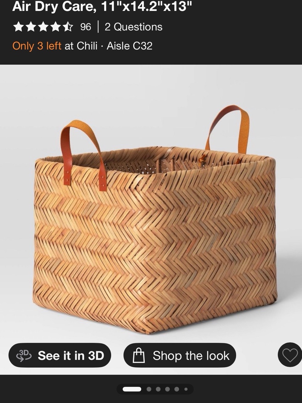 Woven Storage Basket w Leather Handles - Natural